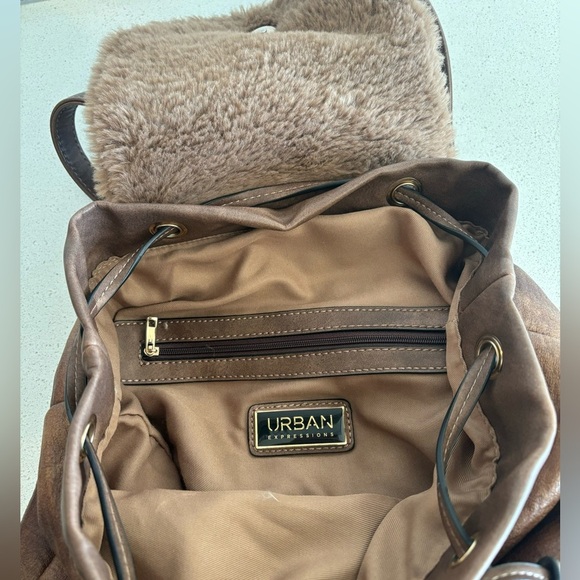 Luxury Urban Expressions Brown Vegan Leather Maddison Backpack Fur Womens Purse - Picture 6 of 9